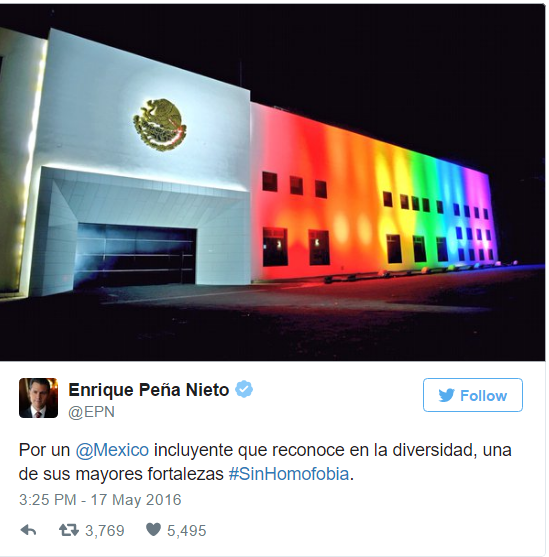 President Pena Nieto's tweet calling for inclusiveness, diversity and an end to homophobia.